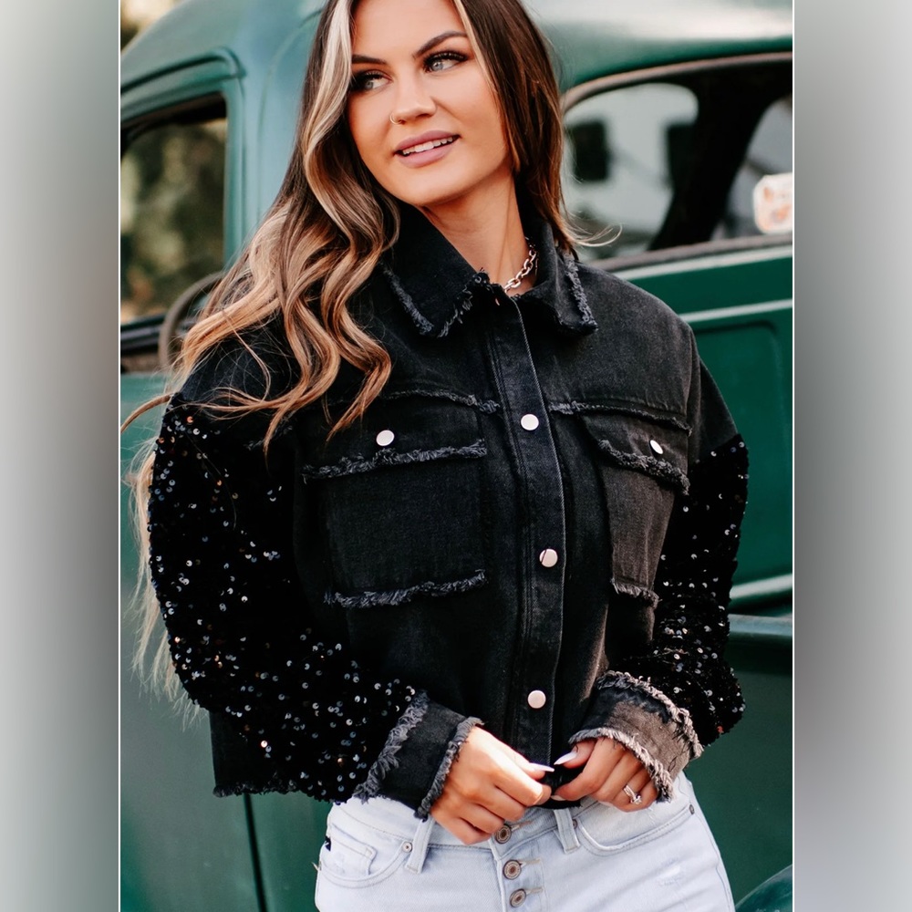 PEACH LOVE Women’s Black Sequin Sleeve Denim Jacket Size S Rock N Roll Outfit